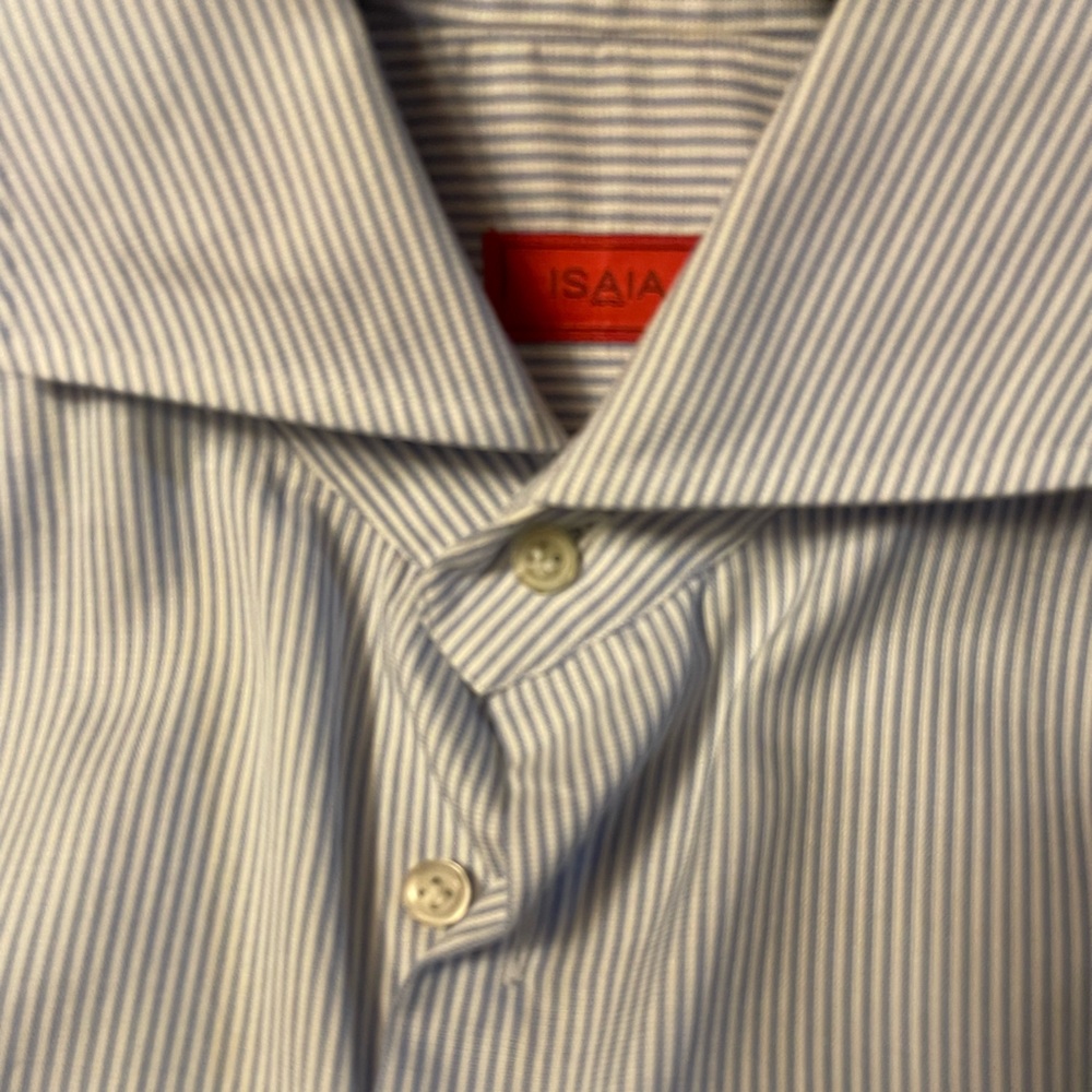 ISAIA NAPOLI 15.5 Blue Stripe Button Cuff Dress Shirt 15.5/39 Made In Italy
